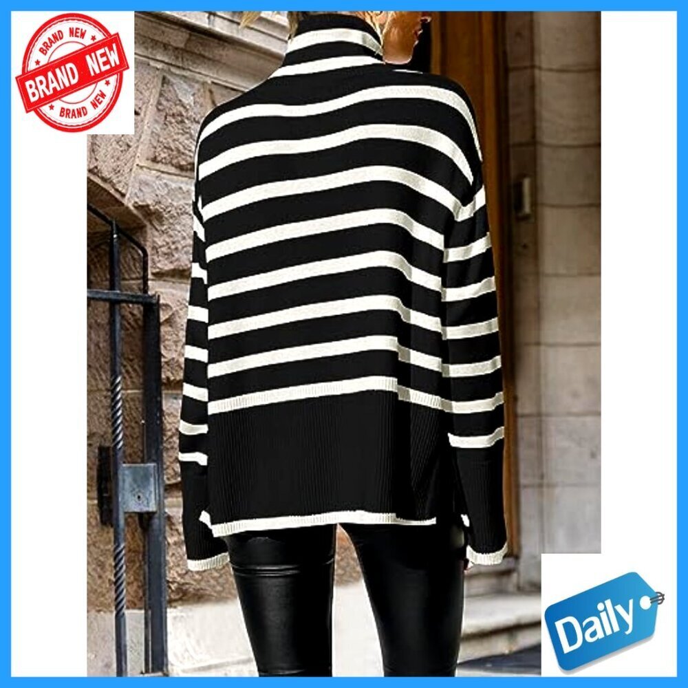 Oversized Turtleneck Pullover Sweater Striped Side Slit Long Sleeve Loose Fit - Picture 3 of 7